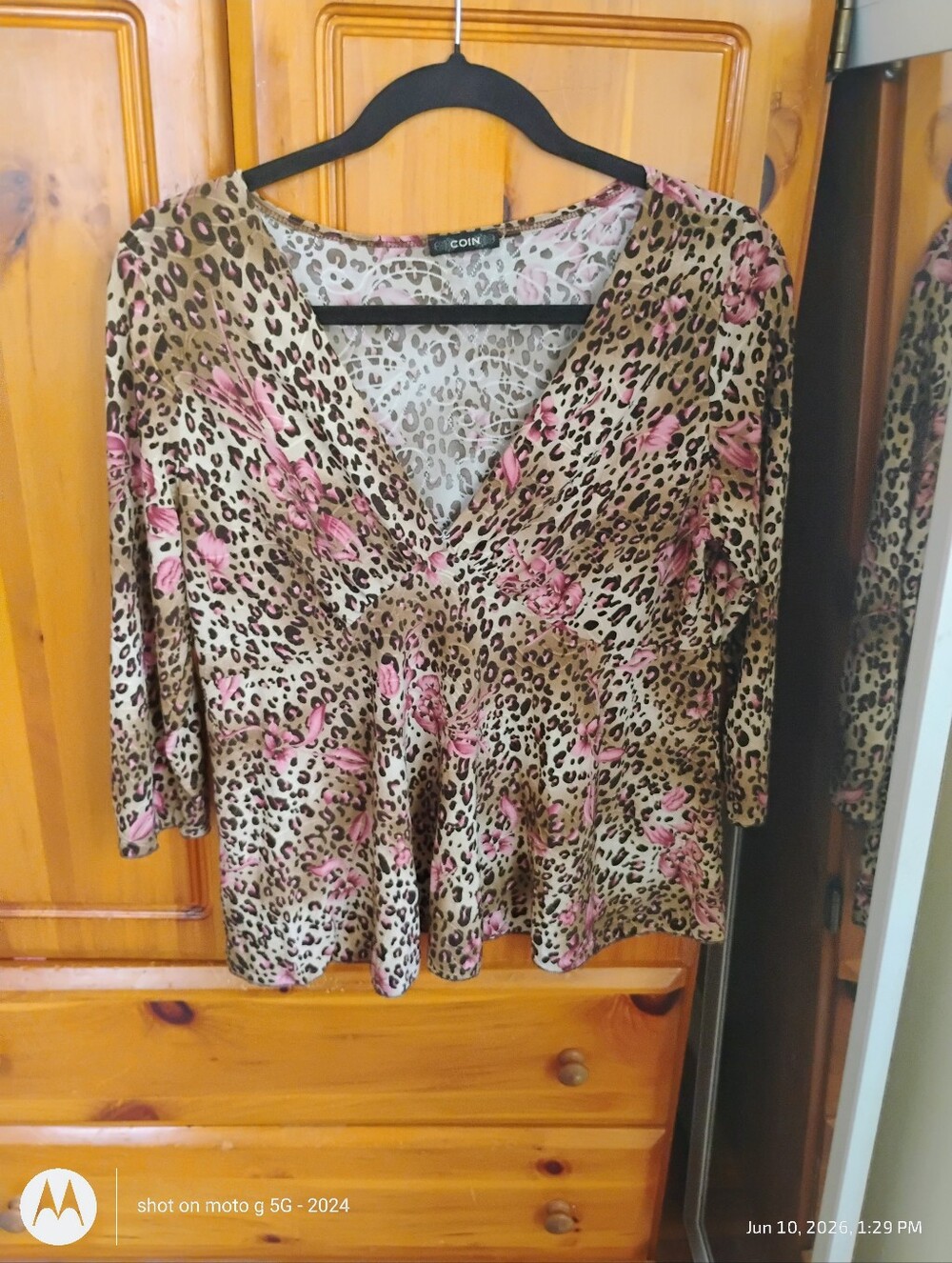 COIN Leopard Print V-Neck Peplum Blouse in Beige with Pink Floral